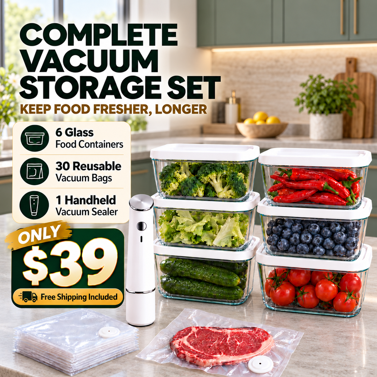 Complete Vacuum Food Storage Set | Handheld Sealer + FREE Bonus